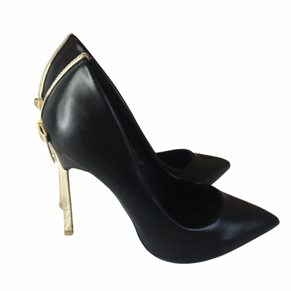 NWB Black Leatherette Pumps Gold Heels & Ribbons